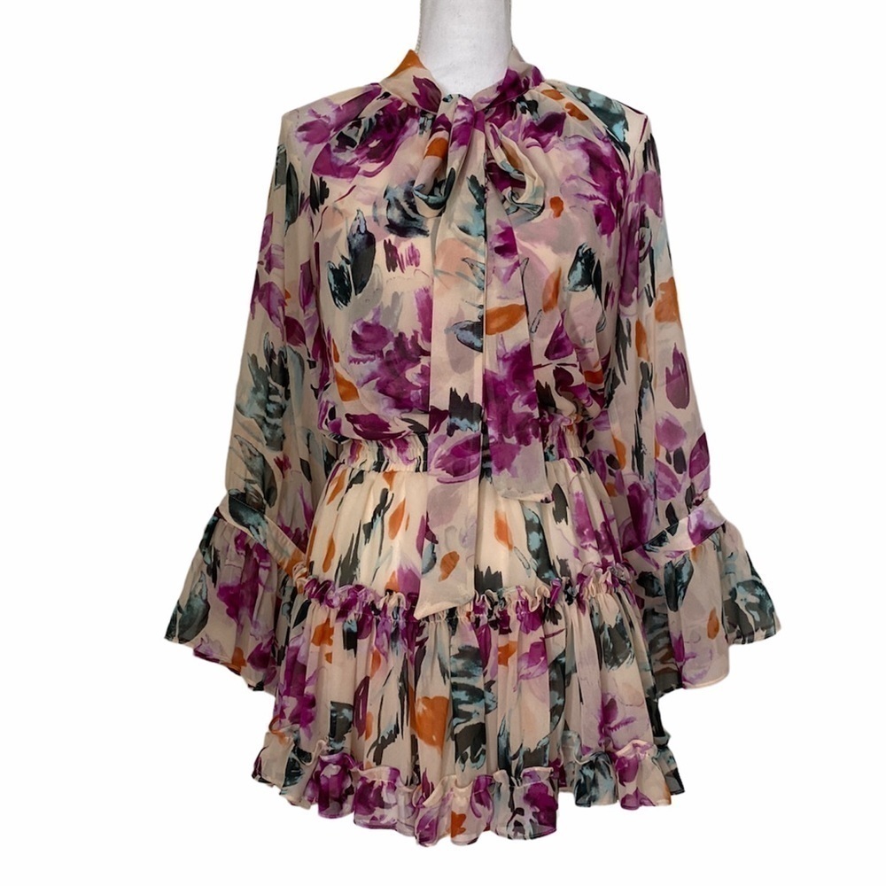 Misa- Multicolored Large Floral Longsleeve Mini Ruffle Dress with Neck Tie - Picture 1 of 10